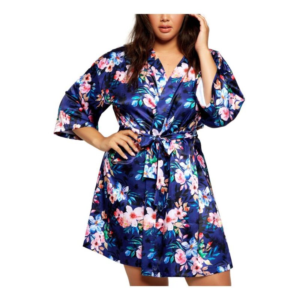 NWT I COLLECTION Intimates Navy Kimono Style Sleeves Wrap Style Robe Plus 3\4X